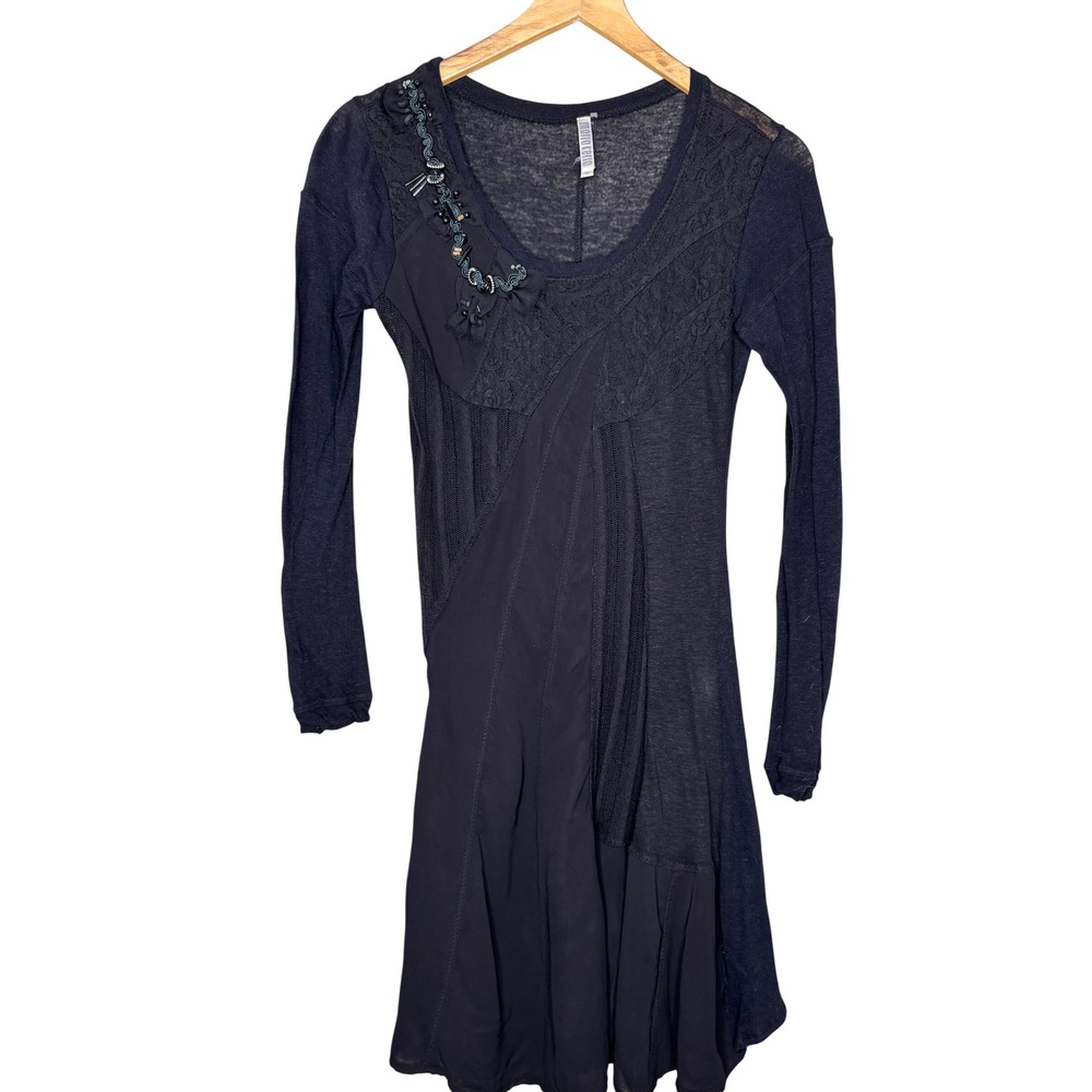 Motto Reno Black Mixed Media Embellished Lace Long Sleeve Mini Dress Small y2k